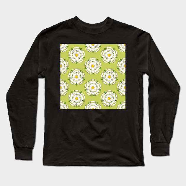 Yorkshire Rose - Pattern - Green Background Long Sleeve T-Shirt by Juggahnaut